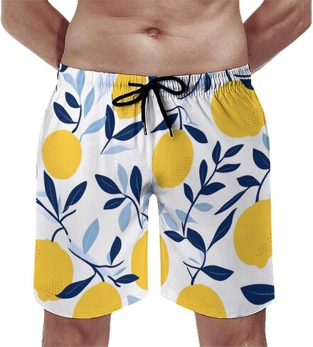 Men Printed Summer Short Soft Drawstring Design Running Shorts Lemon with Green Leaves Branches Citrus Print Shorts in Kuwait