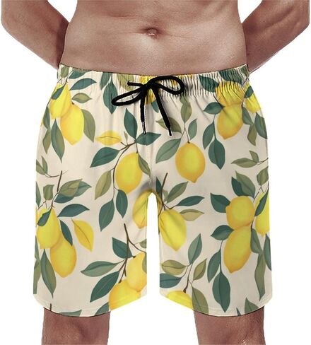 Men Printed Summer Short Soft Drawstring Design Running Shorts Lemon with Green Leaves Branches Citrus Print Shorts in Kuwait