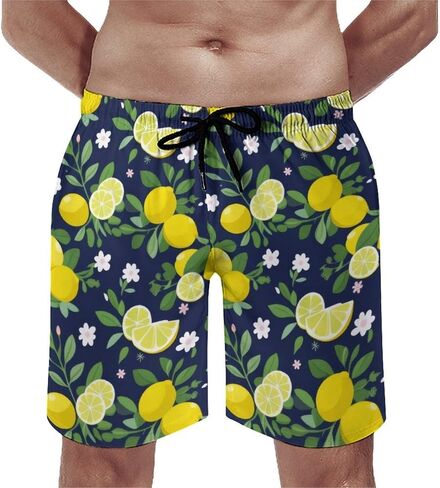 Men Printed Summer Short Soft Drawstring Design Running Shorts Lemon with Green Leaves Branches Citrus Print Shorts in Kuwait