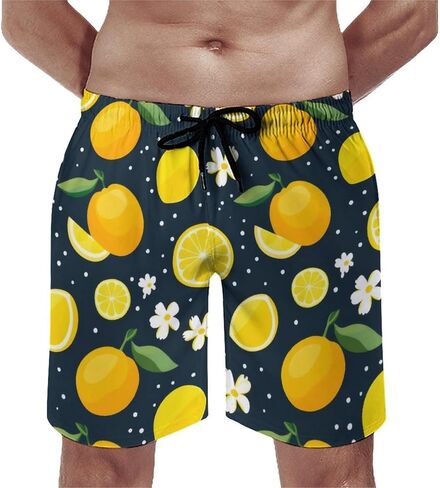 Men Printed Summer Short Soft Drawstring Design Running Shorts Lemon with Green Leaves Branches Citrus Print Shorts in Kuwait