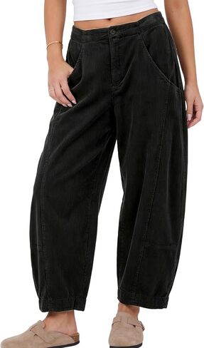 Fiona Jolin Corduroy Pants Women Barrel Casual Wide Leg Pant Mid Rise Elastic Back Waist Baggy Trousers with Pockets in Saudi Arabia