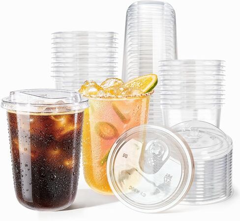 50 Pack 16 oz Round Bottom Plastic Cups with Strawless Sip Lids, Disposable Coffee Cups with Lids, To Go Iced Coffee Cups with Lids, Disposable Cups for Party, Smoothie Cup for Cold Drinks in Kuwait