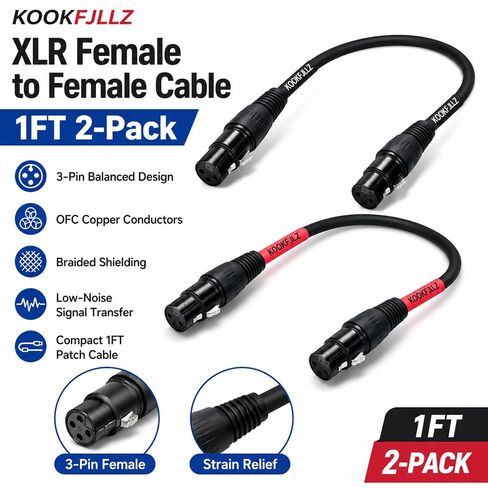 كابل XLR أنثى إلى أنثى، 1 قدم، عبوتان | 3-Pin متوازن، OFC نحاس مضفر التدريع، للخلاط، Preamp، خليج التصحيح، DMX المرحلة الإضاءة in Kuwait