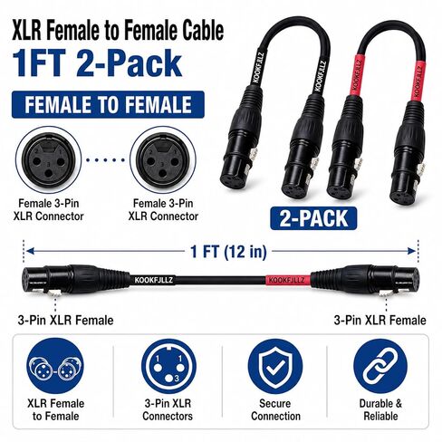 كابل XLR أنثى إلى أنثى، 1 قدم، عبوتان | 3-Pin متوازن، OFC نحاس مضفر التدريع، للخلاط، Preamp، خليج التصحيح، DMX المرحلة الإضاءة in Kuwait
