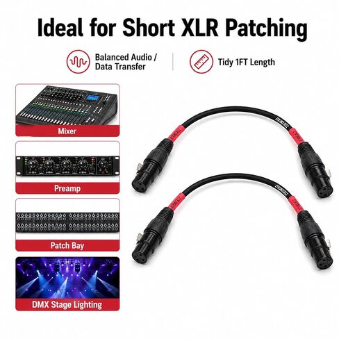 كابل XLR أنثى إلى أنثى، 1 قدم، عبوتان | 3-Pin متوازن، OFC نحاس مضفر التدريع، للخلاط، Preamp، خليج التصحيح، DMX المرحلة الإضاءة in Kuwait