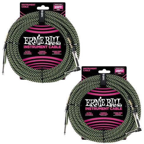 مجموعة كابلات أدوات مضفرة من Ernie Ball بطول مستقيم/زاوية 25 قدم باللون الأخضر النيون/الأسود (P06066) - عبوة من قطعتين in Kuwait