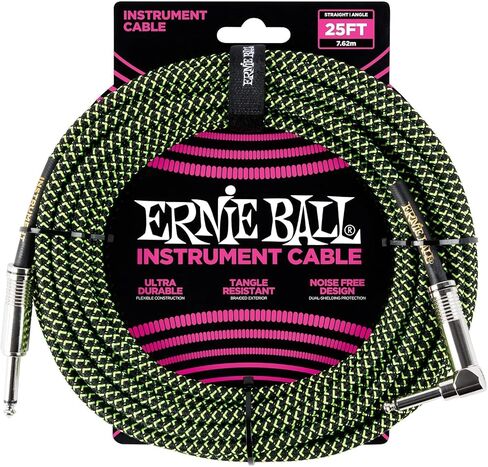 مجموعة كابلات أدوات مضفرة من Ernie Ball بطول مستقيم/زاوية 25 قدم باللون الأخضر النيون/الأسود (P06066) - عبوة من قطعتين in Kuwait