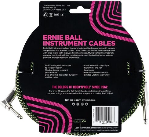 مجموعة كابلات أدوات مضفرة من Ernie Ball بطول مستقيم/زاوية 25 قدم باللون الأخضر النيون/الأسود (P06066) - عبوة من قطعتين in Kuwait