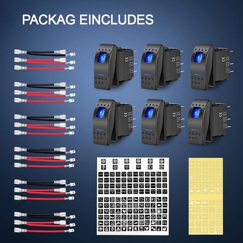 6-Pack 5 Pin SPST Rocker Switch w/Pre-Wired Jumper Wires, 20A/12V 10A/24V ON/Off, Panel Mount, Night Glow Sticker for Truck Boat Auto Marine SUV ATV Off-Road in Kuwait