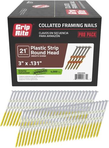 مسامير تأطير Grip-Rite 21 درجة - مسامير مجلفنة خارجية لمشاريع تأطير الخشب إلى الخشب - قفل مرتب بشريط بلاستيكي - رأس مستدير - ساق ناعمة - 3 بوصة × .131 بوصة - عدد 4000 - GR033HG in Kuwait