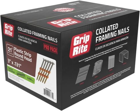 مسامير تأطير Grip-Rite 21 درجة - مسامير مجلفنة خارجية لمشاريع تأطير الخشب إلى الخشب - قفل مرتب بشريط بلاستيكي - رأس مستدير - ساق ناعمة - 3 بوصة × .131 بوصة - عدد 4000 - GR033HG in Kuwait