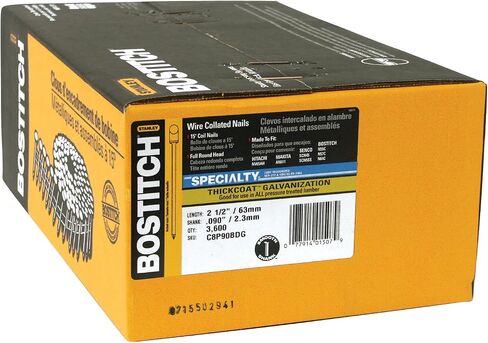 مسامير انحياز BOSTITCH، ملف مربوط بالأسلاك، مجلفن بطبقة سميكة، رأس مستدير، 15 درجة، 2-1/2 بوصة × .090 بوصة، 3600 حزمة (C8P90BDG) in Kuwait