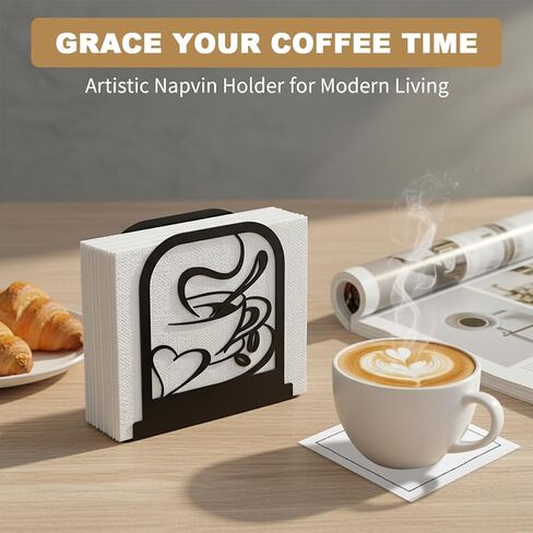 Black Metal Modern Standing Napkin Holder, Coffee Time Theme Tabletop Napkin Dispenser, Decorative Organizer for Kitchen Counter, Cafe and Dining Table in Kuwait