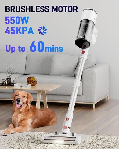 Cordless Vacuum Cleaner, 550W/45KPa Stick Vacuum with Up to 60 Mins Runtime, Detachable Battery, Lightweight 2-in-1 Handheld Vacuum for Pet Hair, Hardwood Floors, Carpet, Stairs & Car in Saudi Arabia