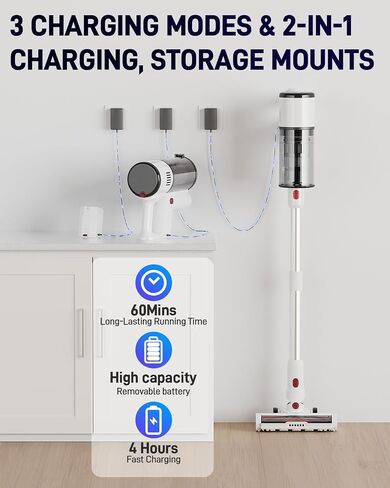 Cordless Vacuum Cleaner, 550W/45KPa Stick Vacuum with Up to 60 Mins Runtime, Detachable Battery, Lightweight 2-in-1 Handheld Vacuum for Pet Hair, Hardwood Floors, Carpet, Stairs & Car in Saudi Arabia