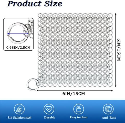 Cast Iron Cleaner, 6 Inch 316 Stainless Steel Skillet Cleaner, Cast Iron Scrubber with Hanging Ring, Chain Mail Scrubber for Griddle Skillet, BBQ Grills, Wok, Cast Iron Pan in Saudi Arabia
