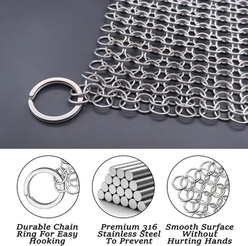 Cast Iron Cleaner, 6 Inch 316 Stainless Steel Skillet Cleaner, Cast Iron Scrubber with Hanging Ring, Chain Mail Scrubber for Griddle Skillet, BBQ Grills, Wok, Cast Iron Pan in Saudi Arabia