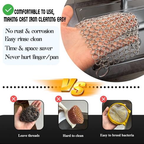 Cast Iron Cleaner, 6 Inch 316 Stainless Steel Skillet Cleaner, Cast Iron Scrubber with Hanging Ring, Chain Mail Scrubber for Griddle Skillet, BBQ Grills, Wok, Cast Iron Pan in Saudi Arabia