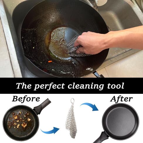 Cast Iron Cleaner, 6 Inch 316 Stainless Steel Skillet Cleaner, Cast Iron Scrubber with Hanging Ring, Chain Mail Scrubber for Griddle Skillet, BBQ Grills, Wok, Cast Iron Pan in Saudi Arabia