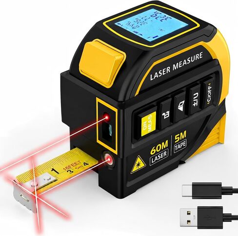 TEPU Laser Tape Measure 4-in-1, 197FT Laser Distance Meter with 16FT Auto-Lock Tape, Cross-Line Laser Level, Dual-Axis Angle, Backlit LCD, Distance/Area/Volume, Pythagorean Theorem & Angle Measurement in Saudi Arabia