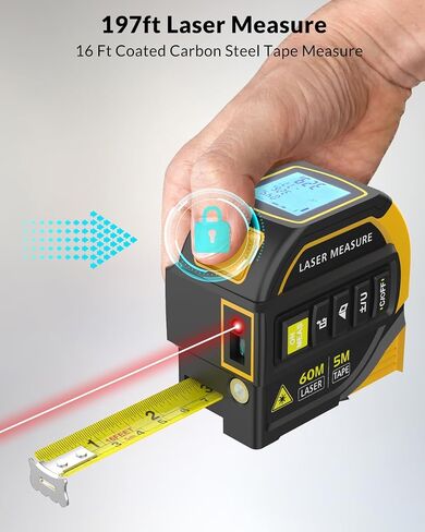 TEPU Laser Tape Measure 4-in-1, 197FT Laser Distance Meter with 16FT Auto-Lock Tape, Cross-Line Laser Level, Dual-Axis Angle, Backlit LCD, Distance/Area/Volume, Pythagorean Theorem & Angle Measurement in Saudi Arabia