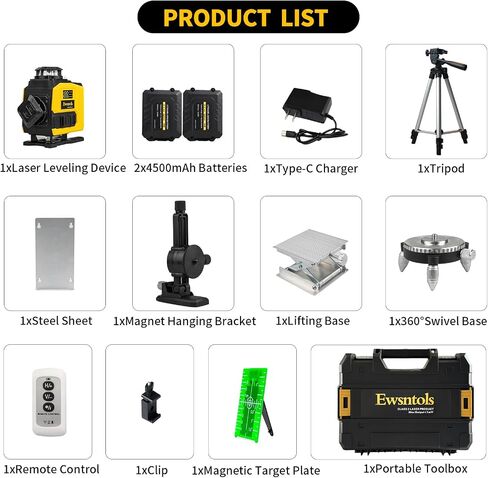 Laser Level with Tripod,4×360° Whole-Room Cross-Line Green Beam Laser Level 360 Self Leveling with 2×4500mAh Batteries & Rotatable Window for Picture Hanging,Tile,Ceiling and Home Renovation in Saudi Arabia