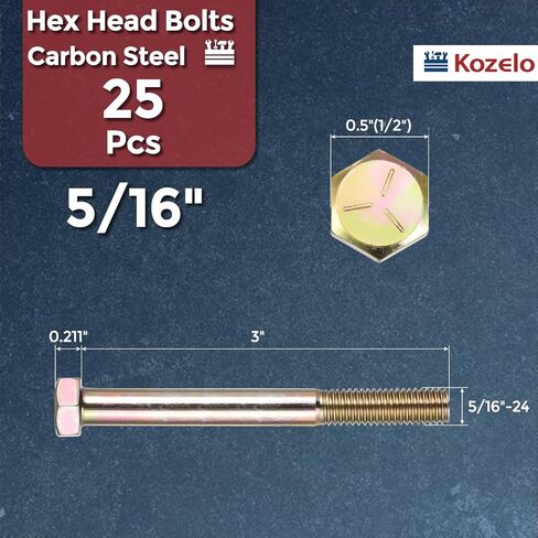 25 Pcs Hex Head Screws Bolts - [5/16"-24x3] Carbon Steel Grade 5 Hex Tap Hexagon Head Screw Machine Bolt Right Hand External Hex Drive, Yellow in Kuwait