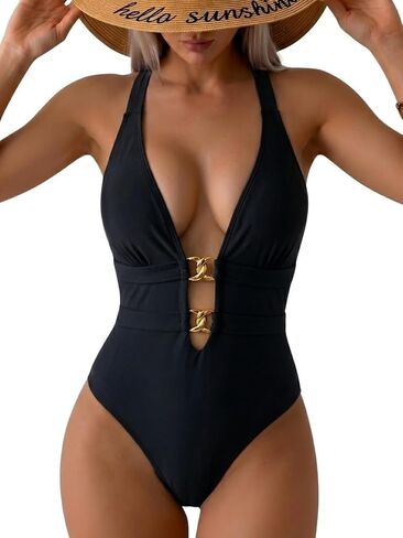Women's Sexy Plunge V Neck One Piece Swimsuits Open Back Monokini Full Coverage Bathing Suit Summer Beach Pool Party in Kuwait
