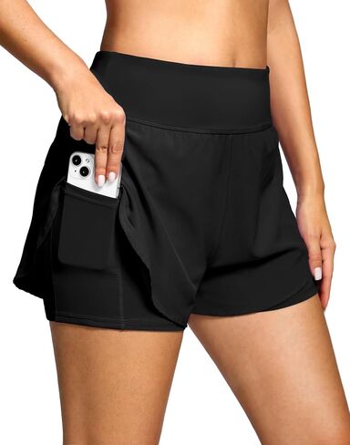 Soothfeel Women's 2 in 1 Running Shorts High Waisted Lightweight Athletic Workout Gym Yoga Shorts Spandex Liner with Pockets in Kuwait
