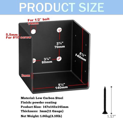 2pcs Pergola Wall Mount Bracket,11 Gauge(3 mm Thick),Universal Fit (2, 6X6) | For 6x6 Posts,Joist Hanger Inner Width:5-1/2",Easy Installation –for Patio Covers, Gazebos & Outdoor Structures in Kuwait