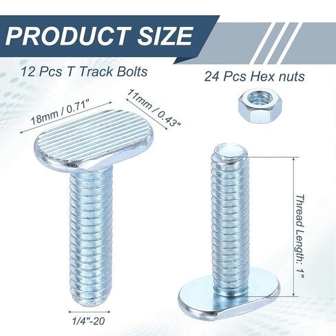 PATIKIL 1/4"-20 x 1 T Track Bolts, 12 Pack T Slot Bolts Universal with 24 Pack 1/4" Hex Nuts for Woodworking Jigs Fixture Accessories Hardware, Silver in Saudi Arabia