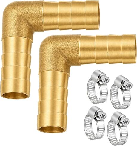 2 Pcs 1/2" PEX Fittings, 90 Degree Elbow, Brass Hose Barbed Elbow, L Right Angle Brass Barb Connector Fitting with 4Pcs Clamps for Fuel, Air, Water, Oil, Gas in Kuwait