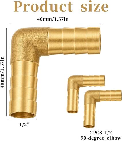2 Pcs 1/2" PEX Fittings, 90 Degree Elbow, Brass Hose Barbed Elbow, L Right Angle Brass Barb Connector Fitting with 4Pcs Clamps for Fuel, Air, Water, Oil, Gas in Kuwait