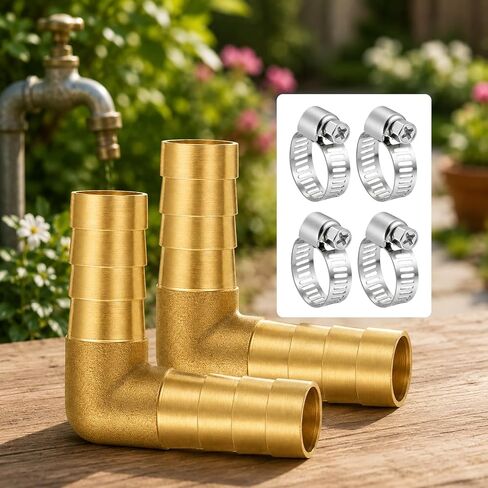 2 Pcs 1/2" PEX Fittings, 90 Degree Elbow, Brass Hose Barbed Elbow, L Right Angle Brass Barb Connector Fitting with 4Pcs Clamps for Fuel, Air, Water, Oil, Gas in Kuwait