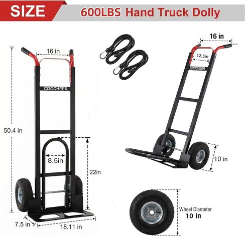 COOCHEER Heavy Duty Hand Truck, 600 LBS Capacity Aluminum Dolly Cart with 10 Inch Pneumatic Tires, Lightweight Industrial Hand Cart for Moving, Warehouse, Home and Office Use, 51 Inch Tall in Kuwait