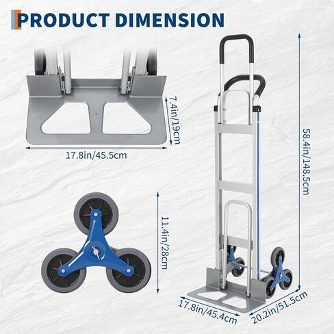 Heavy-Duty 2-in-1 Aluminum Stair Climbing Hand Truck – 600 lbs Capacity, Dual Handles, Extendable Base Plate, 6 Wheels, 2 Elastic Ropes – Versatile Trolley for Home, Warehouse, Shopping – Silver in Kuwait