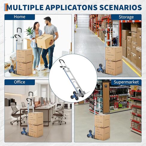 Heavy-Duty 2-in-1 Aluminum Stair Climbing Hand Truck – 600 lbs Capacity, Dual Handles, Extendable Base Plate, 6 Wheels, 2 Elastic Ropes – Versatile Trolley for Home, Warehouse, Shopping – Silver in Kuwait