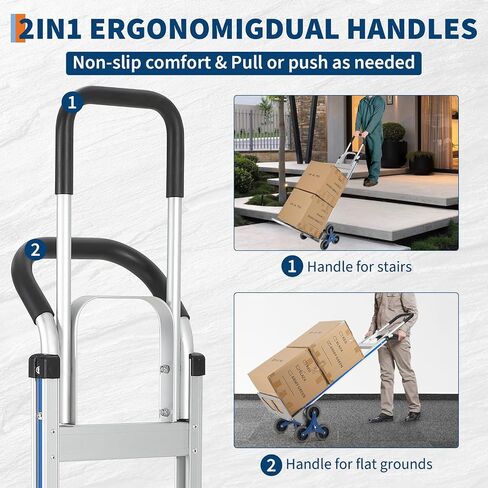 Heavy-Duty 2-in-1 Aluminum Stair Climbing Hand Truck – 600 lbs Capacity, Dual Handles, Extendable Base Plate, 6 Wheels, 2 Elastic Ropes – Versatile Trolley for Home, Warehouse, Shopping – Silver in Kuwait