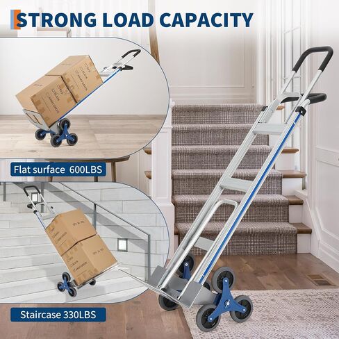 Heavy-Duty 2-in-1 Aluminum Stair Climbing Hand Truck – 600 lbs Capacity, Dual Handles, Extendable Base Plate, 6 Wheels, 2 Elastic Ropes – Versatile Trolley for Home, Warehouse, Shopping – Silver in Kuwait