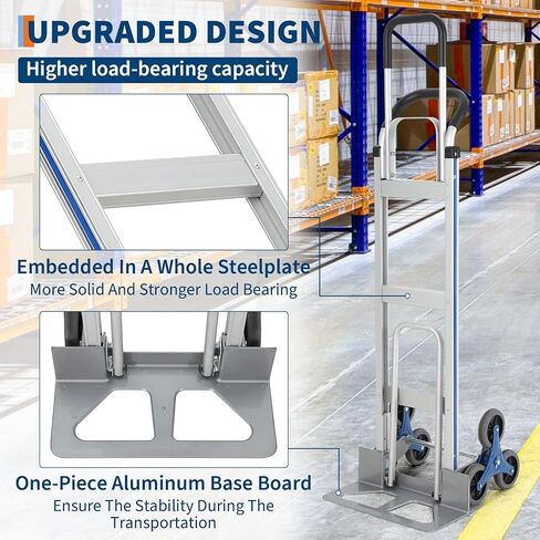 Heavy-Duty 2-in-1 Aluminum Stair Climbing Hand Truck – 600 lbs Capacity, Dual Handles, Extendable Base Plate, 6 Wheels, 2 Elastic Ropes – Versatile Trolley for Home, Warehouse, Shopping – Silver in Kuwait
