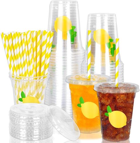 Whaline 100 Pcs Lemon Disposable Plastic Cups with Lids and Straws, 9 Oz | Yellow Lemon, Fruit Theme, Cold Beverage Drinking Cups, for Party Iced Coffee Smoothie Juice Tea in Kuwait