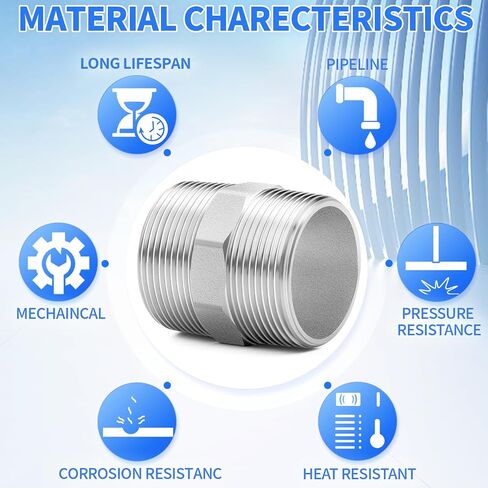 ChillWaves 304 Stainless Steel Pipe Fitting, Hex Nipple 1-1/2" NPT Male x 1-1/2" NPT Male Thread Adapter(2-PACK) in Kuwait