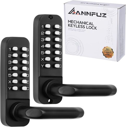 Mechanical Keyless Entry Door Handle Lock with Keypad,Double-Sided Combination Code Opening,Interior Exterior Push Button Passcode Front Door Lever Set,for Gate,Fence,No Battery(Matte Black) in Kuwait