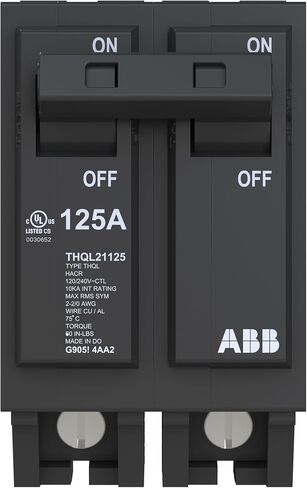 ABB Q-Line® THQL21125 Circuit Breaker • 125 Amp Double-Pole Breaker • 120/240 VAC • 10 kAIC Interrupt Rating • Thermal Magnetic Plug-On Breaker for Load Centers in Kuwait