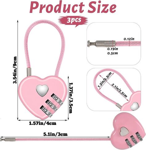 3Pcs 3 Digit Combination Lock for Locker, Pink Heart Locker Lock, Mini Luggage Locks Cute Combo Locks for Backpack Luggage Lockers Jewelry Boxes in Kuwait