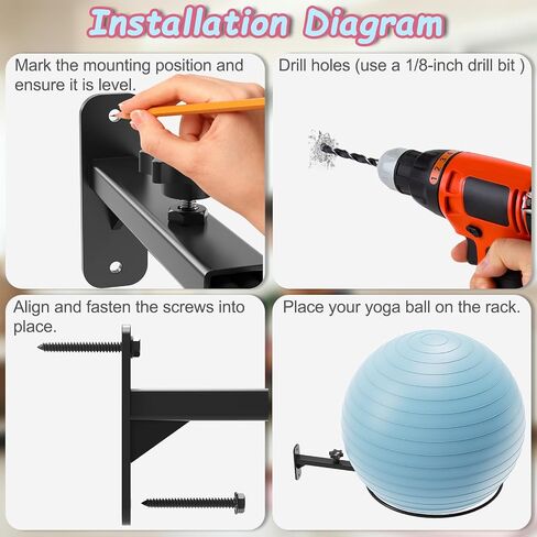 Yoga Ball Wall Mount(2PCS), Adjustable Exercise Ball Holder,Compatible with 14 to 30 Inch Stability Ball, for Home Gym, Storage Room & Physical Therapy Clinic in Kuwait