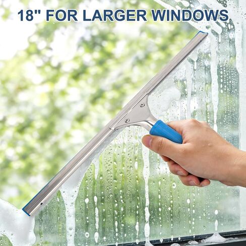 Professional Squeegee for Window Cleaning, 18" Window Squeegee for Shower Glass Door, Stainless Steel Rubber Squeegee Includes 12" Replacement Blades in Kuwait