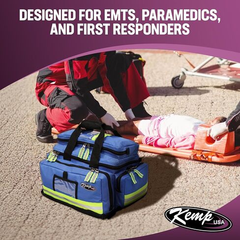 حقيبة Kemp USA الكبيرة للصدمات EMS باللون الأزرق الملكي لتخزين معدات الطوارئ الطبية للمستجيبين الأوائل EMT 600D نايلون متعدد الأقسام للإسعافات الأولية وحامل معدات الاستعداد in Kuwait