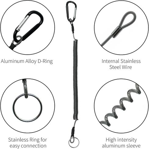 Fishing Lanyard 6 Pack, 16cm to 1.5m Retractable Reel Tether, Heavy Duty Fishing Pole Lanyard with Elastic TPU Cord & 7-Strand Steel Wire, Anti-Loss Safety Leash for Fishing Rod, Reel, Pliers in Kuwait