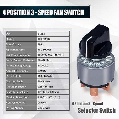 2 حزم مفتاح دوار 4 موقف 3 سرعة مروحة التبديل، 12A / 250V المعادن مروحة سخان سرعة محدد التبديل مع محطات الإناث in Kuwait